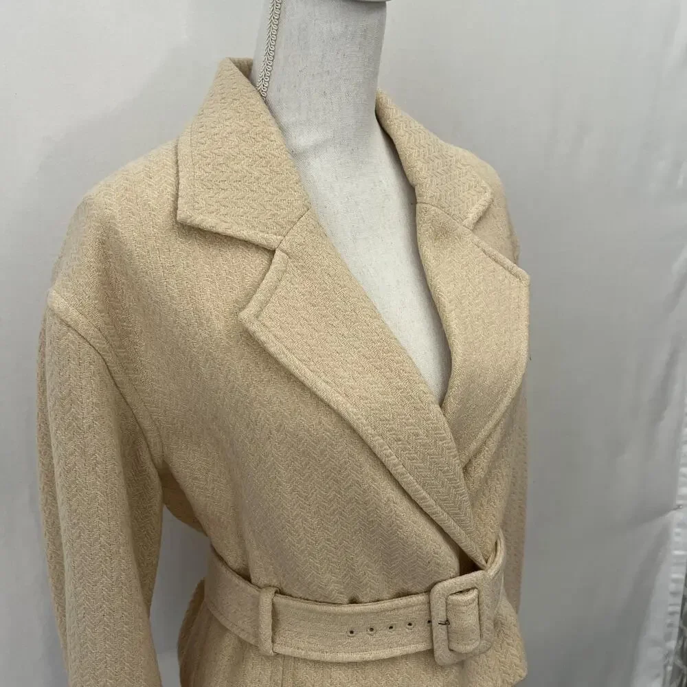 & Other Stories Jacket Womens 2 Beige Wool Herringbone Belted‎ Short LA Atelier